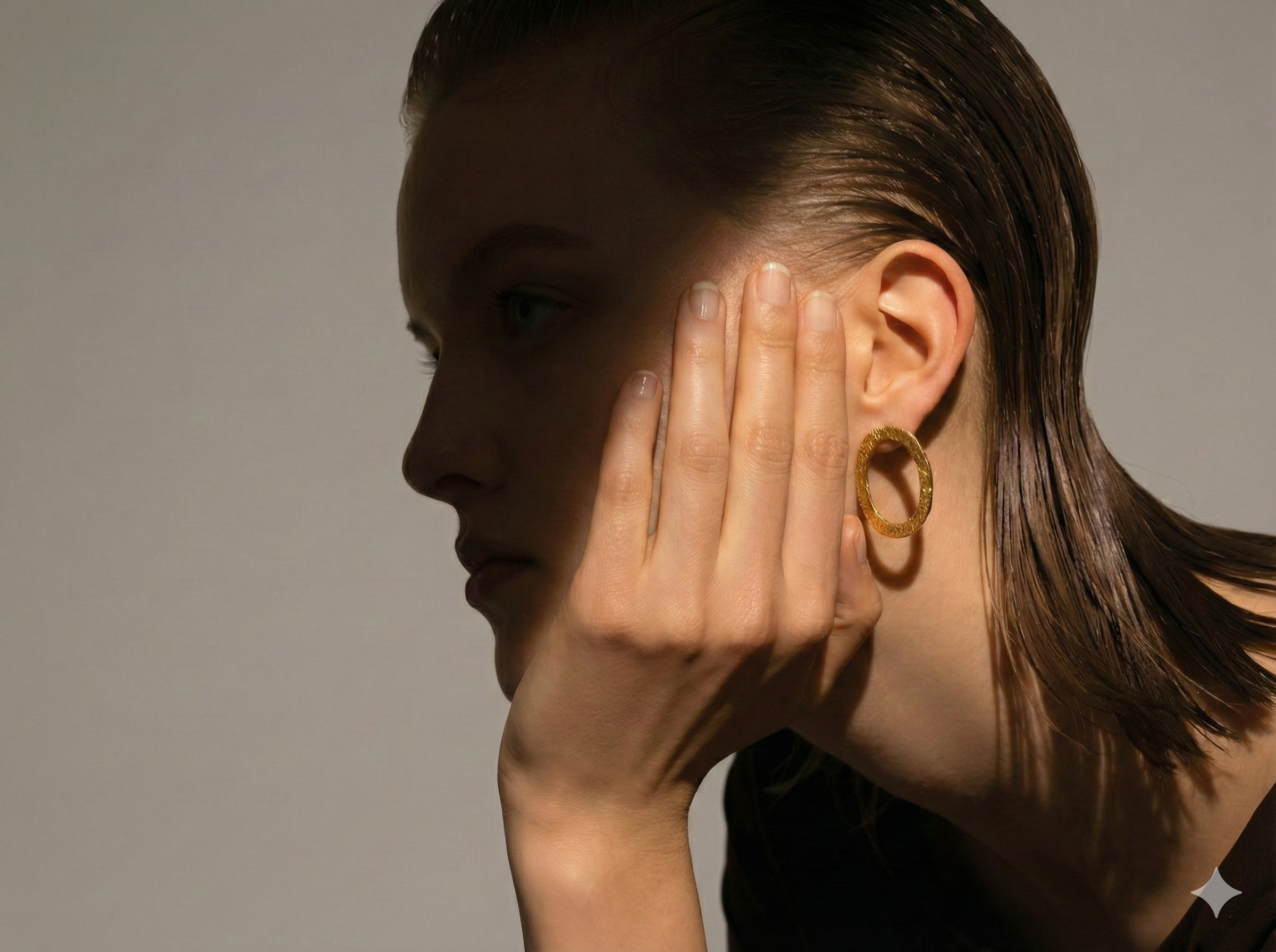 Close-up side view of a woman with slicked-back hair wearing the Bark Oval Earring, a medium-sized textured gold oval hoop, as she rests her hand against her cheek against a neutral background.